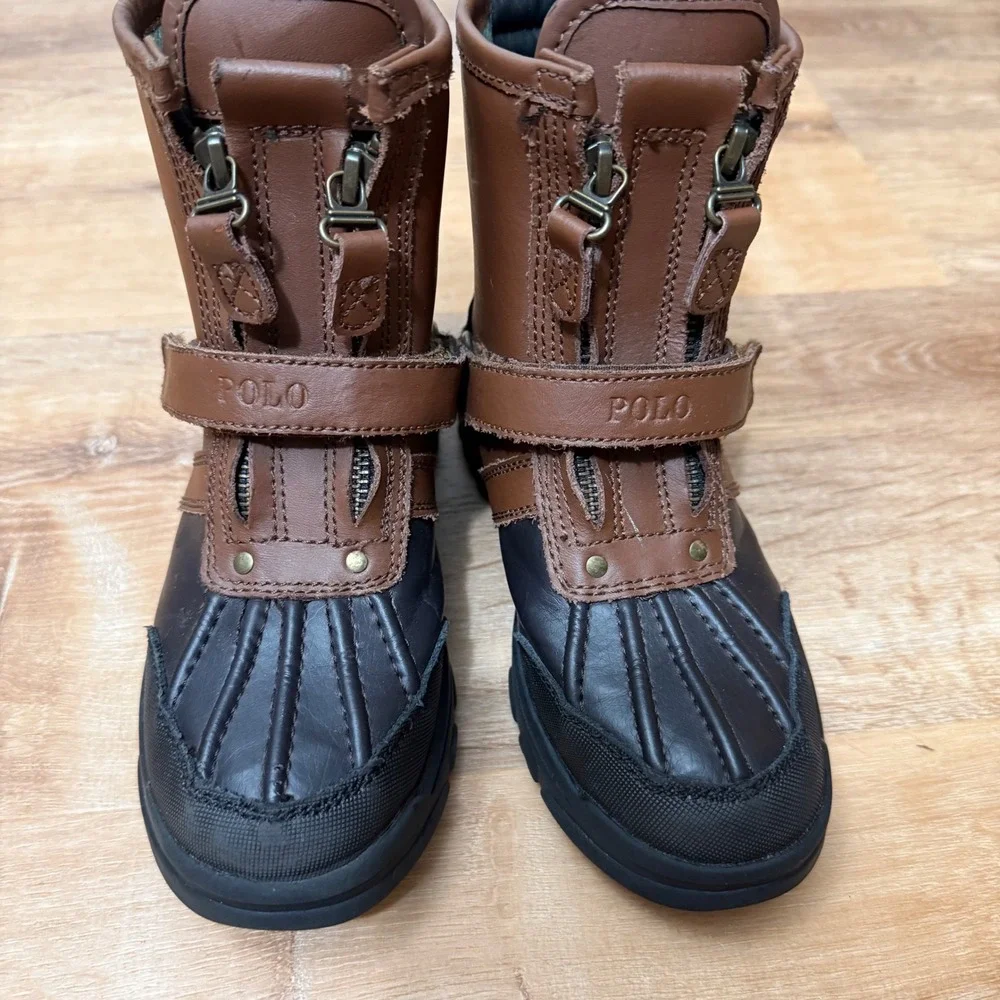Polo Ralph Lauren Kids Conquered Hi Duck Boots Brown Black Leather USA 2 998825